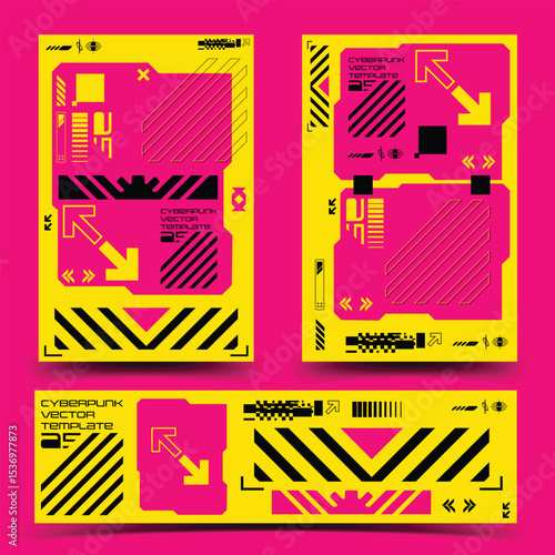 y2k 2000s sci-fi cyberpunk gaming retro-futuristic layout poster banner template set dashboard HUD for ux-ui application, 2d vector illustration 
