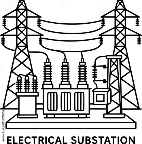 Line art illustration of an electrical substation