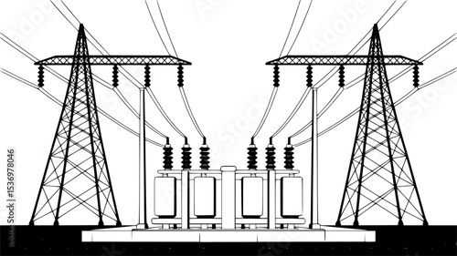 Vector illustration of a power grid with transmission towers and transformers.