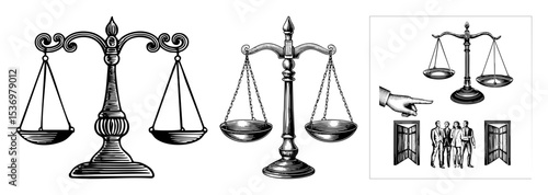 Vector Vintage scales of justice illustrations with legal figures.