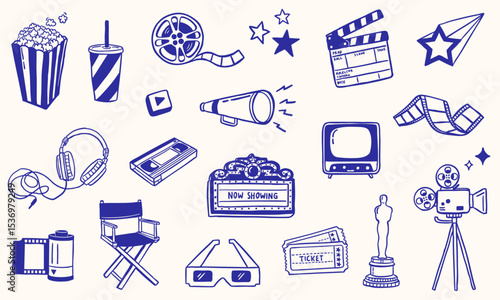 cinema movie film elements doodle illustration sketch - hand drawn - collection set