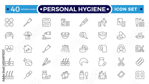 Personal Hygiene Outline Icons set. Contain icons related to Hygiene, clean, sanitary, towel, wash, liquid , and more. Editable stroke outline icon.
