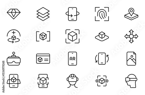 Virtual Reality and Metaverse line Icons Set. A cutting-edge collection of icons designed to enhance immersive experiences, perfect for VR apps, gaming platforms, and digital worlds.