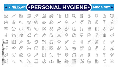 Personal Hygiene Outline Icons set. Contain icons related to Hygiene, clean, sanitary, towel, wash, liquid , and more. Editable stroke outline icon.
