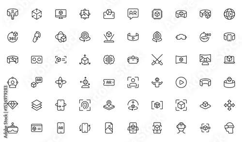 Virtual Reality and Metaverse line Icons Set. A cutting-edge collection of icons designed to enhance immersive experiences, perfect for VR apps, gaming platforms, and digital worlds.