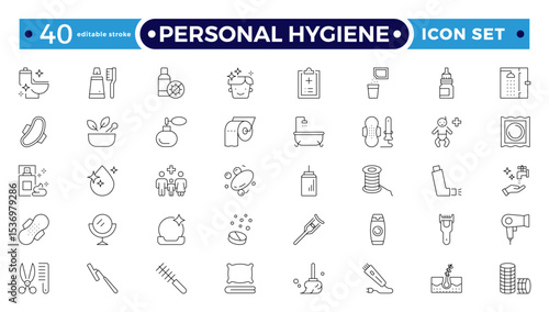 Personal Hygiene Outline Icons set. Contain icons related to Hygiene, clean, sanitary, towel, wash, liquid , and more. Editable stroke outline icon.
