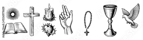 Vector Religious emblems including a  cross candle hand heart rosary chalice and .