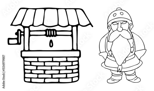 Vector Whimsical of a dwarf and a brick well.