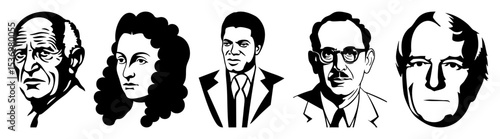 Vector Illustrative portraits of influential figures in monochrome vector style.