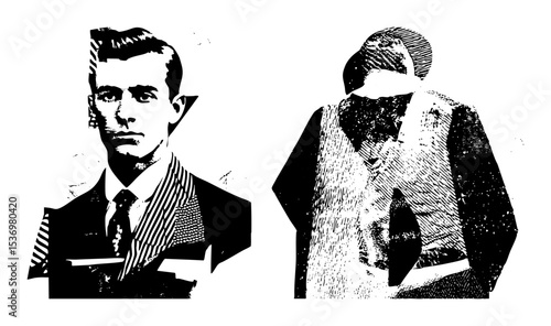 Vector Elegant figures in vintage attire a man and a woman depicted as bold vector illustrations.