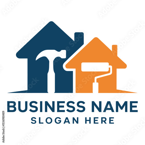 Hammer and paint roller forming house shapes for construction logo