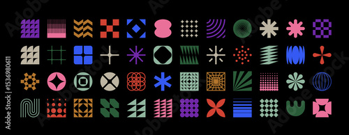 Brutalist geometric shapes, modern symbols.