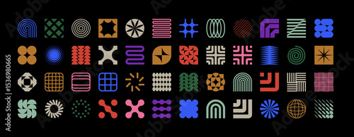 Brutalist geometric shapes, modern symbols.