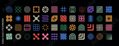Brutalist geometric shapes, modern symbols.