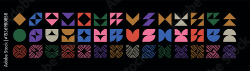 Brutalist geometric shapes, modern symbols.