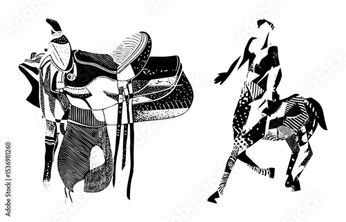 Vector Stylized riders on horseback showcases equestrian artistry.