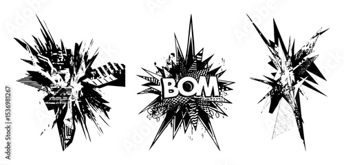 Vector Dynamic explosion graphics with sharp jagged shapes and bold typography.