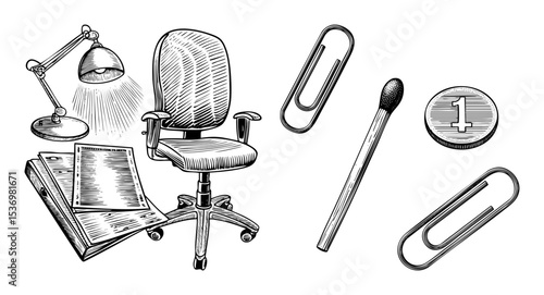 Vector Office setup with chair lamp and stationery items .