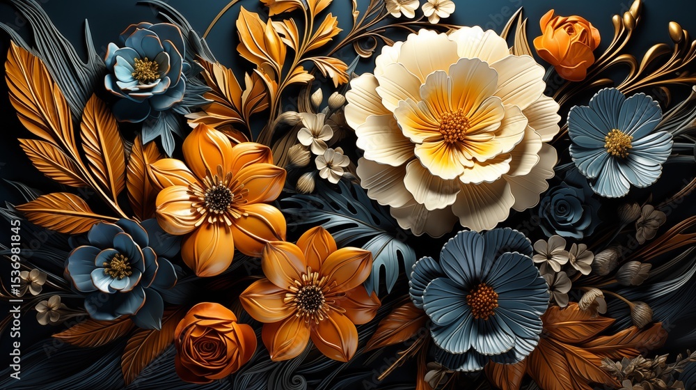 Fototapeta premium Elegant 3D Paper Flowers in Orange and Blue, Artistic Botanical Luxury Floral Design