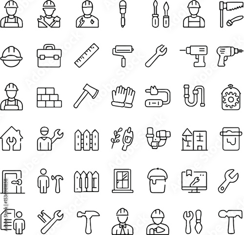 "A clean and modern set of 42 handyman service icons in a minimal line-art style, black outlines on white background, showing various professions and tasks such as carpenter, plumber, electrician, too