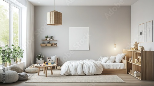 cozy bedroom interior, minimalist decor, large windows, natural lighting, wooden furniture, neutral color palette, potted plants, warm lighting, scandinavian style, bright and airy atmosphere
