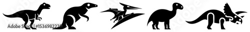 Vector Black silhouettes of diverse prehistoric reptiles showcase ancient wildlife.