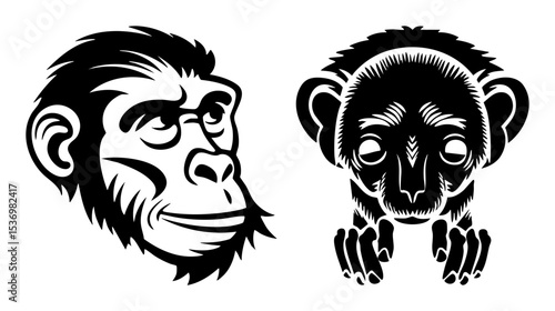 Vector Stylized primate heads featuring a gorilla and a baby monkey.