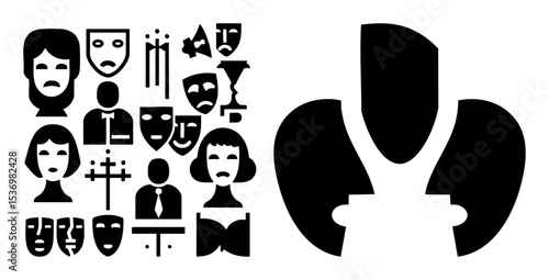 Vector Abstract faces and theatrical masks collection in minimalist vector style.