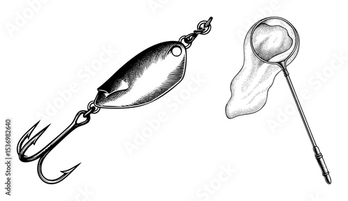 Vector Fishing lure and aquatic net .