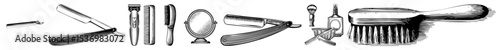 Vector Assorted vintage tools and implements are displayed as detailed vector illustrations.