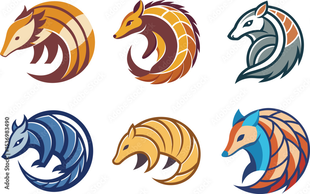 Obraz premium Six stylized armadillo logo designs perfect for branding a nature-inspired business or environmental organization needing unique animal icons