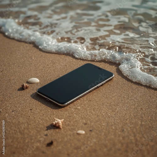 A modern smartphone with a gold frame lying on wet sand at the beach, close to the shoreline, with gentle ocean waves approaching in the background, bright sunlight reflecting off the screen