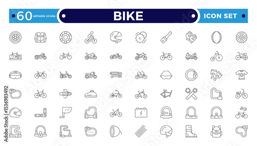Bike and Cycling Outline Icons – Minimal Sport and Travel Symbol Pack. Editable stroke outline icon.
