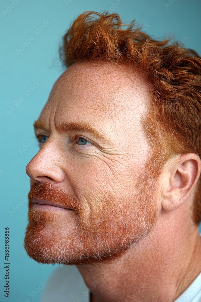 Fototapeta premium Elegant men's slick back with fade haircut - midlife white man with red hair. Blue solid background. Visual idea art of style for aging men. A man with timeless elegance and a natural smile.