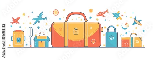 Colorful travel bags with planes and travel elements.
