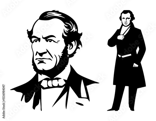 Vector Historical figure illustrations depict a stern statesman in vintage attire.