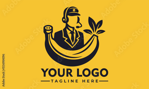 Cheerful cartoon banana character with a happy face wearing a headset, emerging from a peeled banana. Communication and fun concept