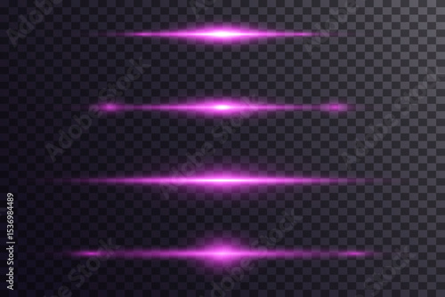 Set of purple light flashes and laser horizontal light lines.Vector.EPS 10.