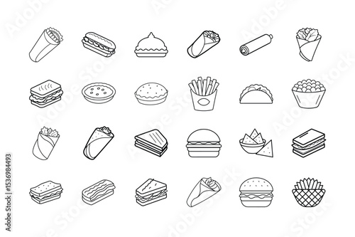 Street Food and Snack Line Art Icons – Modern Vector Set of Wraps, Sandwiches, Fries, and Fast Food, Perfect for Food Blogs & Designs