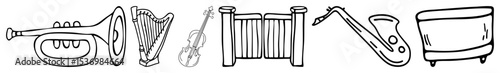 Vector Collection of musical instruments vector illustrations including trumpet harp violin and percussion.