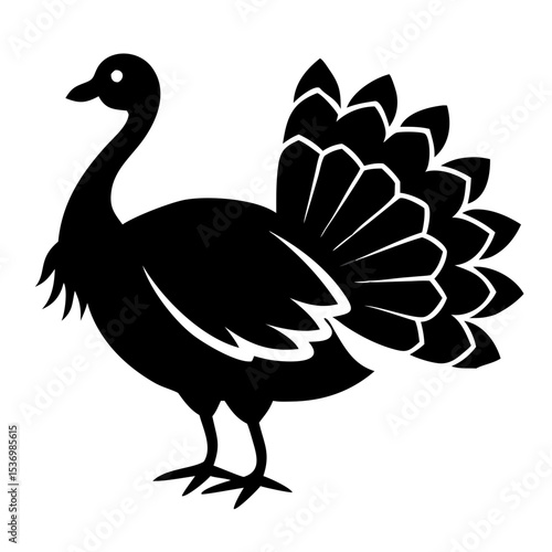 Thanksgiving turkey icon, black silhouette of bird with large tail feathers. Domestic turkey, Meleagris gallopavo, illustration perfect for holiday cards and farm-themed designs.
