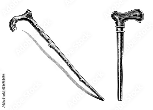 Vector Elegant walking sticks with ornate handles are displayed in a vintage style.