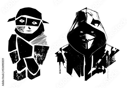 Vector Masked figures featuring a hooded and cap-wearing character.