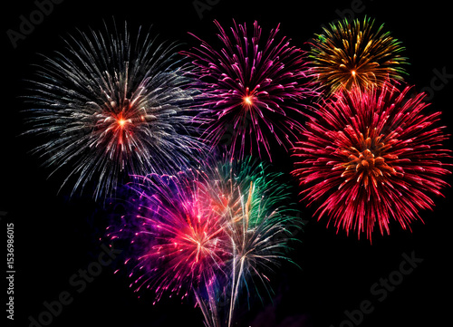 Colorful fireworks burst in the night sky. Various shapes and colors create a festive atmosphere. Bright lights illuminate the darkness.