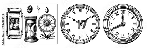 Vector Vintage timekeeping elements including scrolls hourglasses and ornate clocks illustrate the passage of time.