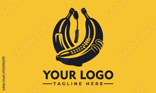 Cheerful cartoon banana character with a happy face wearing a headset, emerging from a peeled banana. Communication and fun concept