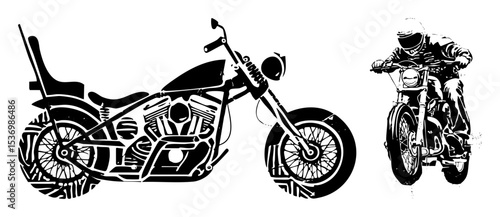 Vector Detailed vector illustrations of a chopper motorcycle and a dirt bike rider.