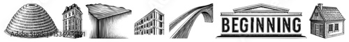 Vector Architectural illustrations and a typographic spell Beginning.