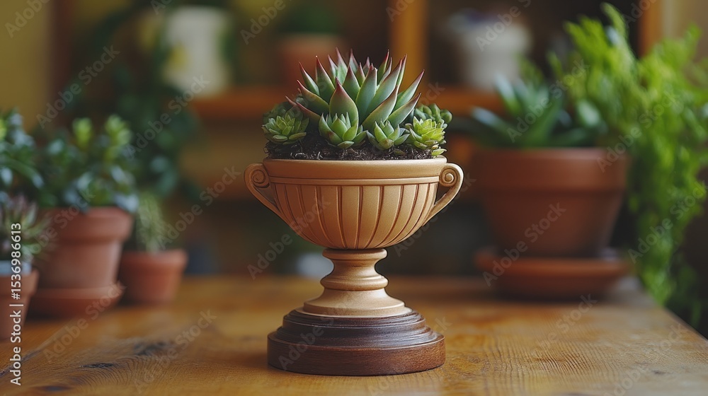 Fototapeta premium Succulents in ornate planter on wooden table.