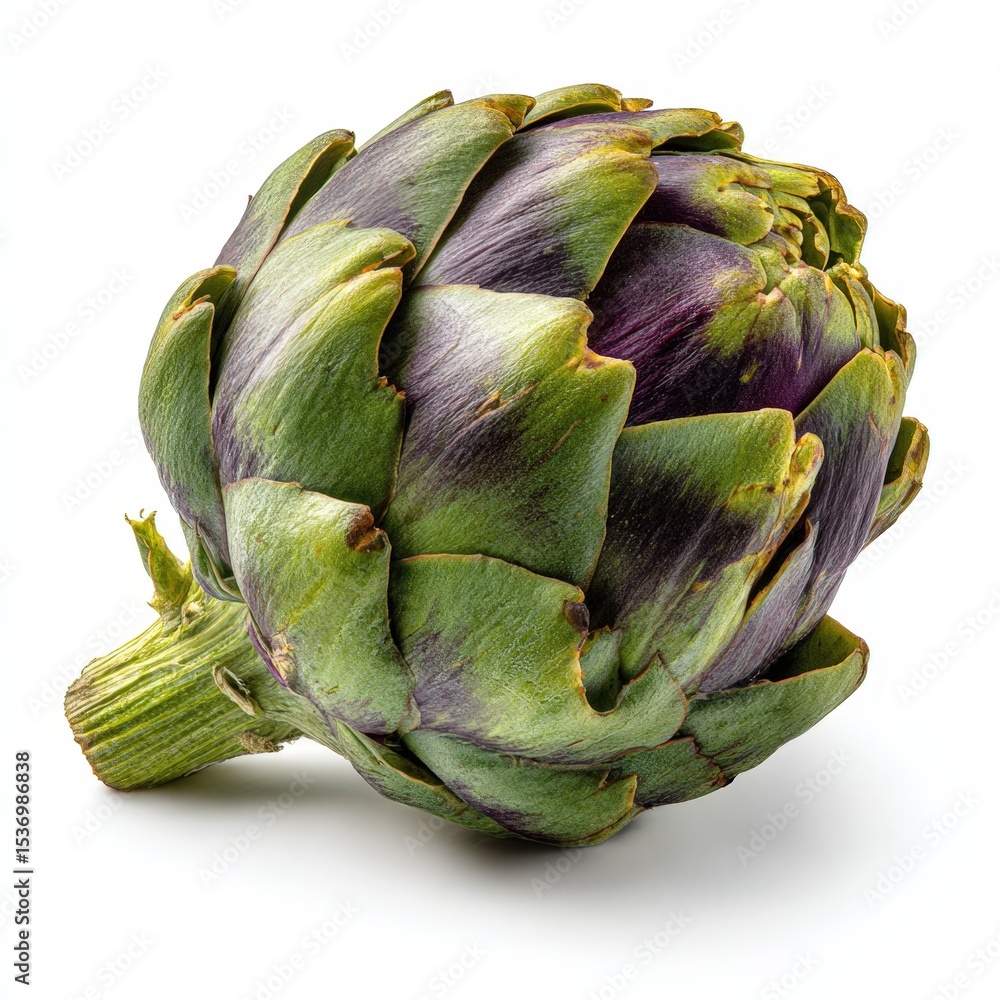 Obraz premium Fresh Artichoke Vegetable Green and Purple Isolated on White Background A Close Up Studio Shot of a Single Artichoke